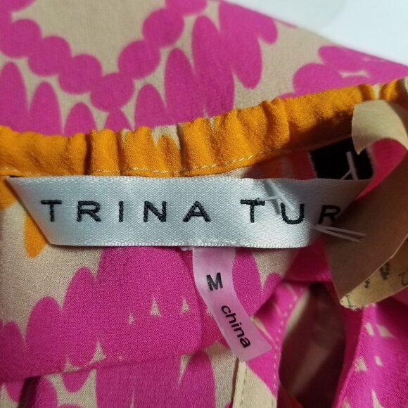 Trina Turk Pink Tan Orange Silk Blend Geo Print Drawstring Blouse Size Medium - Picture 9 of 10